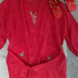 Embroidered red Kimono with slippers, never worn